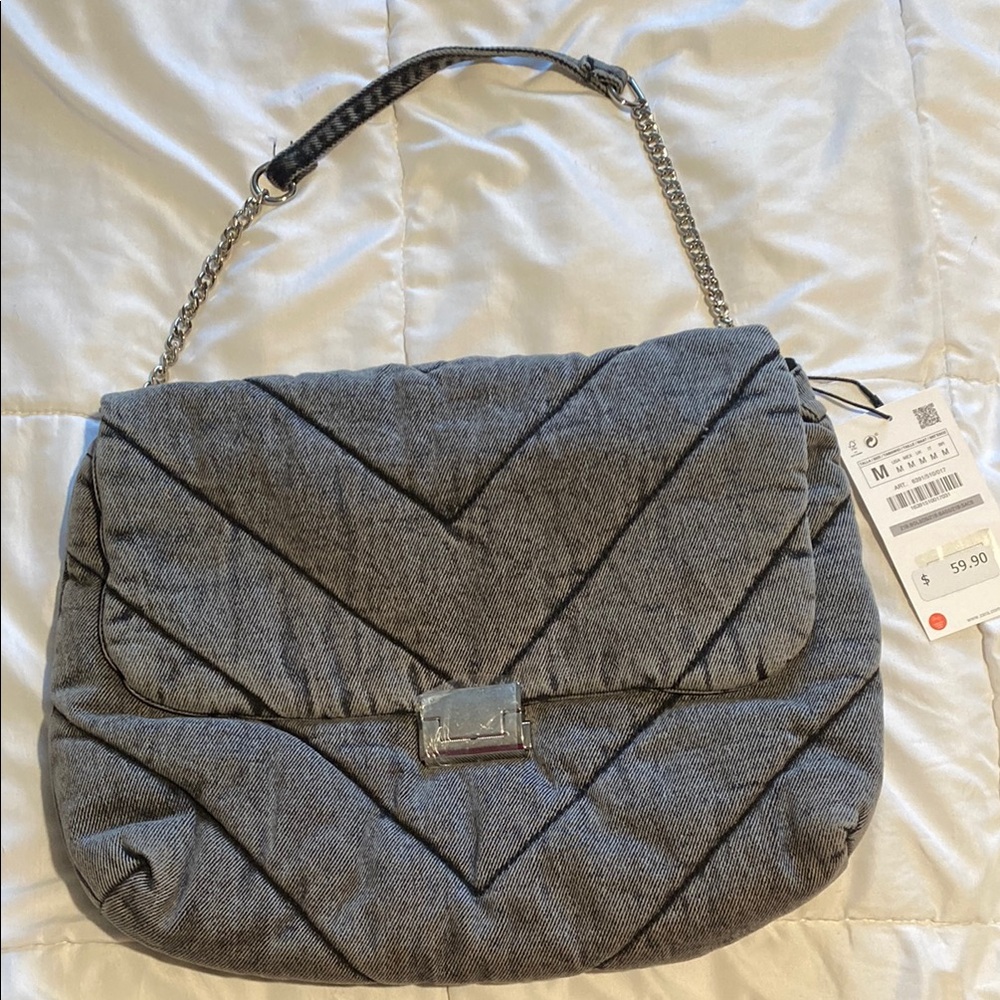NWT ZARA denim shoulder bag with Silver hardware chain detail